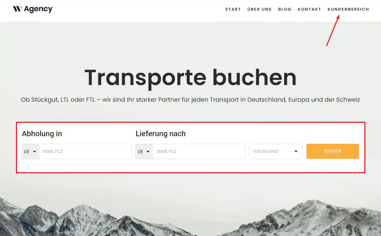 Startseite einer Speditionsseite mit eingebautem Suchfilter für Transporte - Marke Pamyra